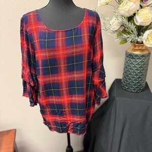 Suzanne Betro Red & Navy Plaid Peasant Blouse 1X